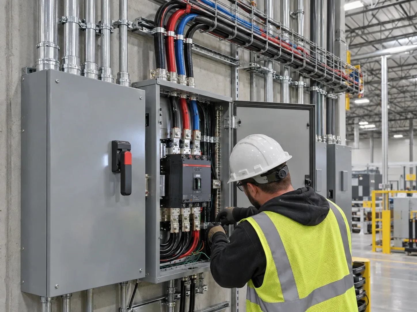 Commercial electrician working on an electrical project